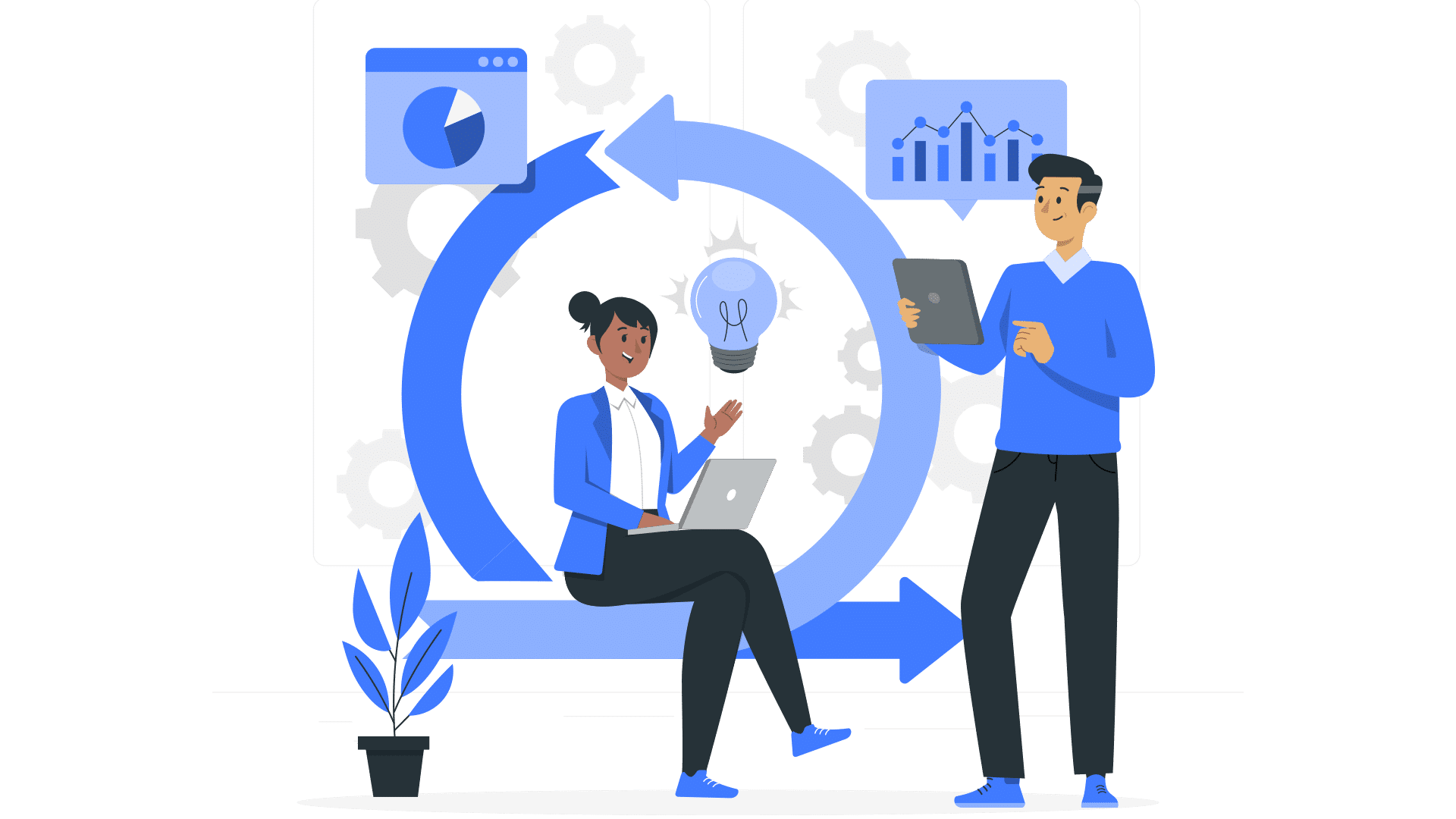 Agility concept , man and woman looking at graphs