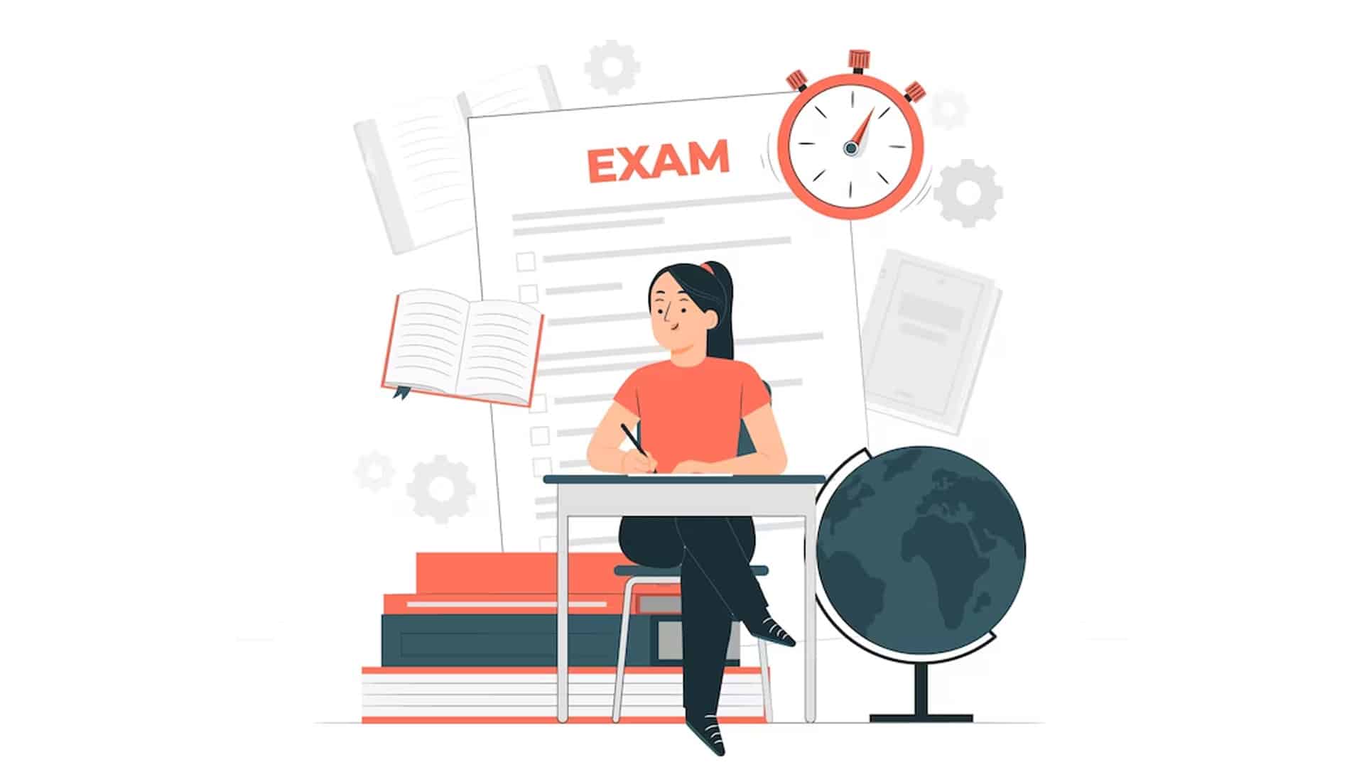 Exams illustration, a girl is taking her exams