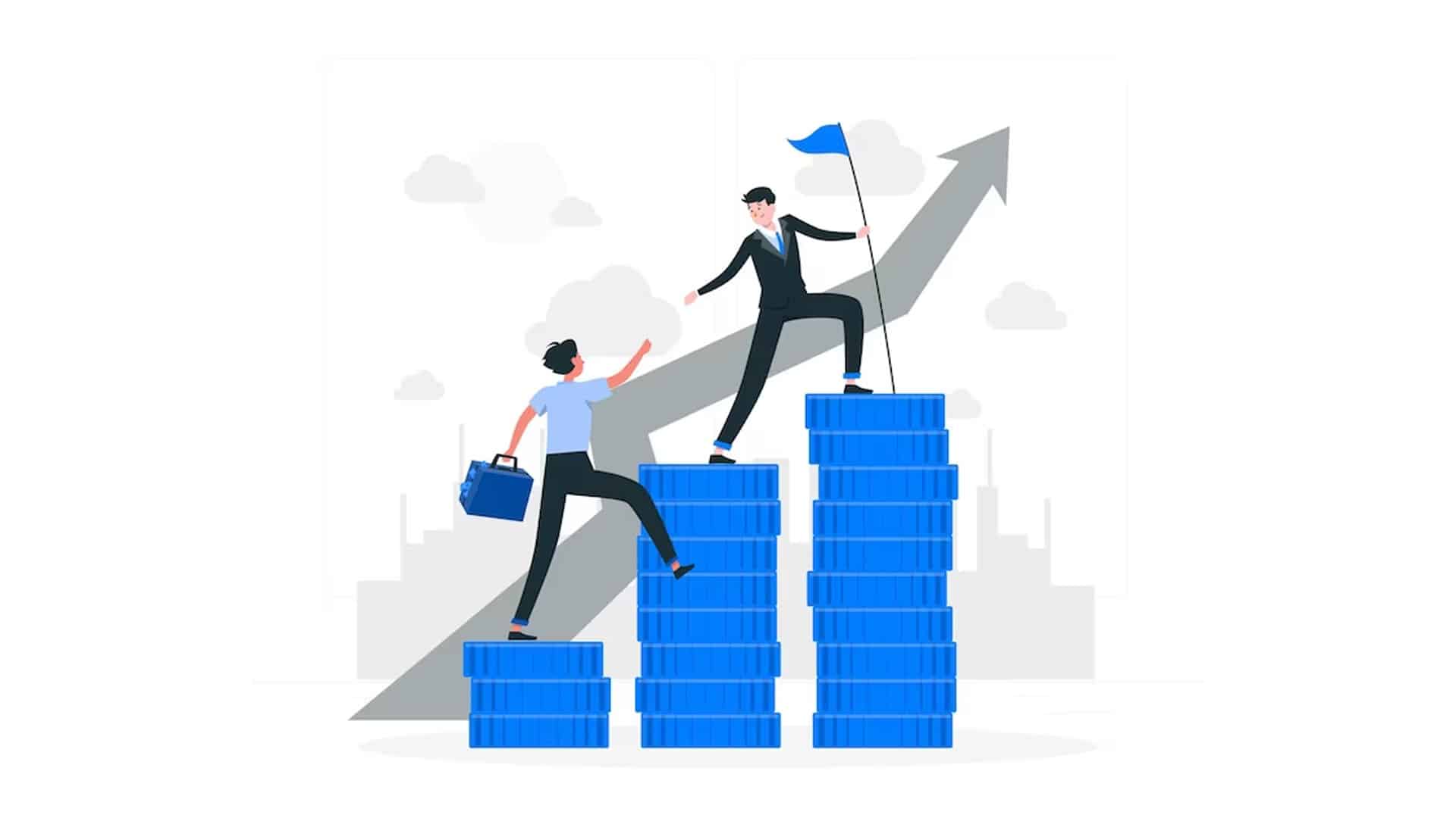 2 people standing on coins, one is higher than the other offering a hand up. Finance concept