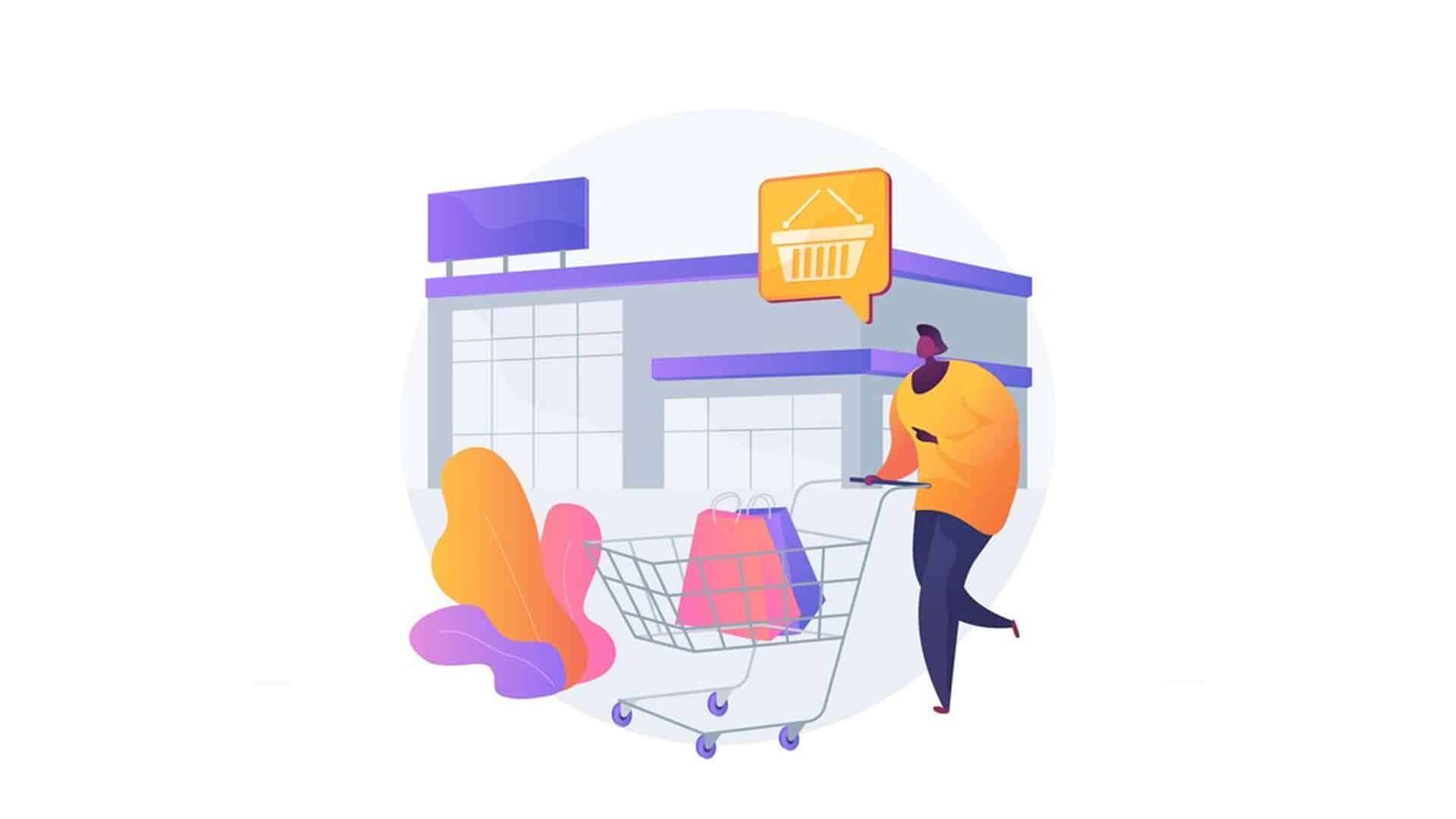 A person with a shopping trolley , retail based illustration
